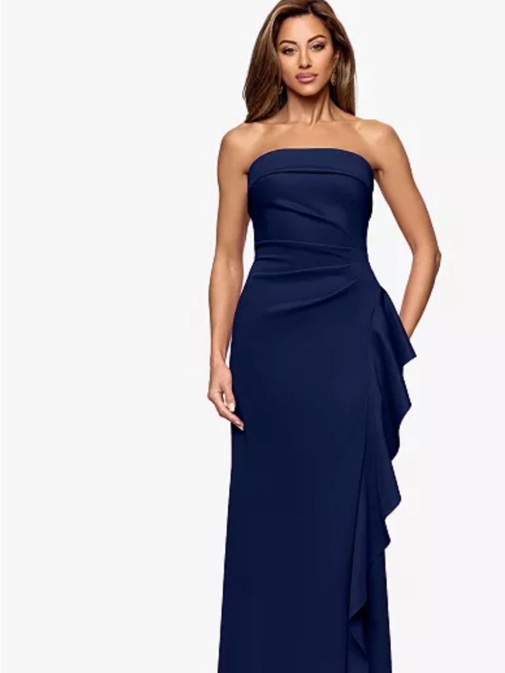 Xscape Strapless Navy Cascade Ruffle Gown